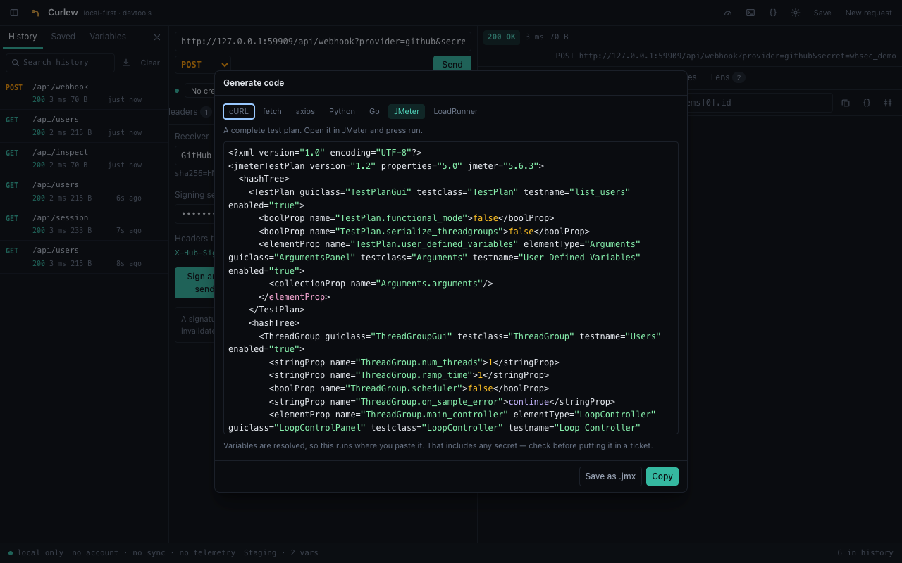 Curlew generating code for a request, including JMeter and LoadRunner