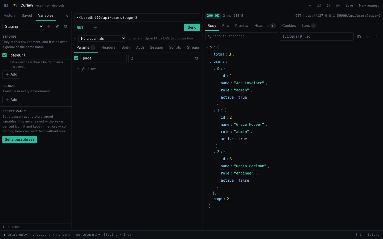 Curlew environments and variables editor