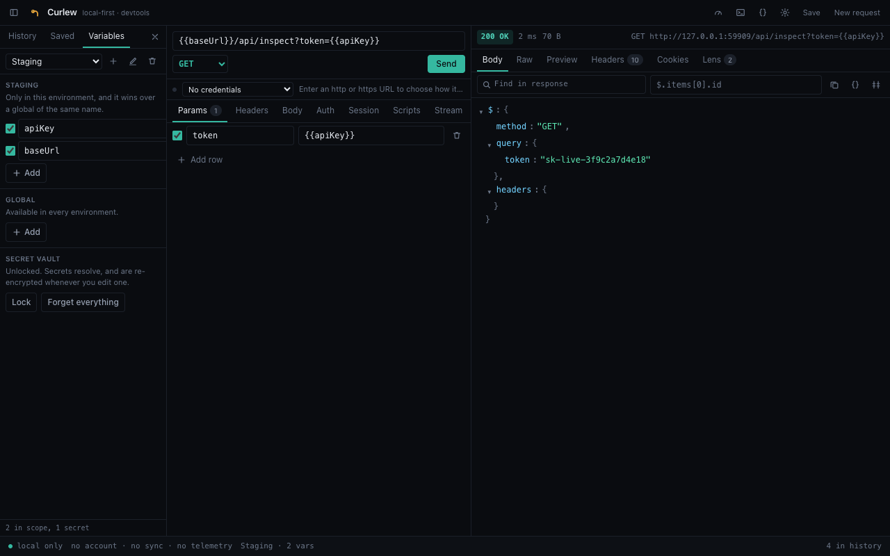 Curlew encrypted secret vault unlocked with a passphrase