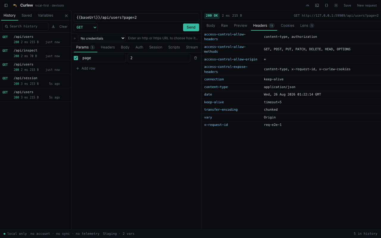 Curlew request history and response headers tabs