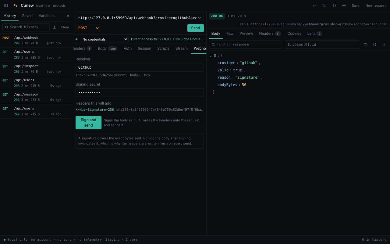 Curlew signed webhook sender with a verified signature