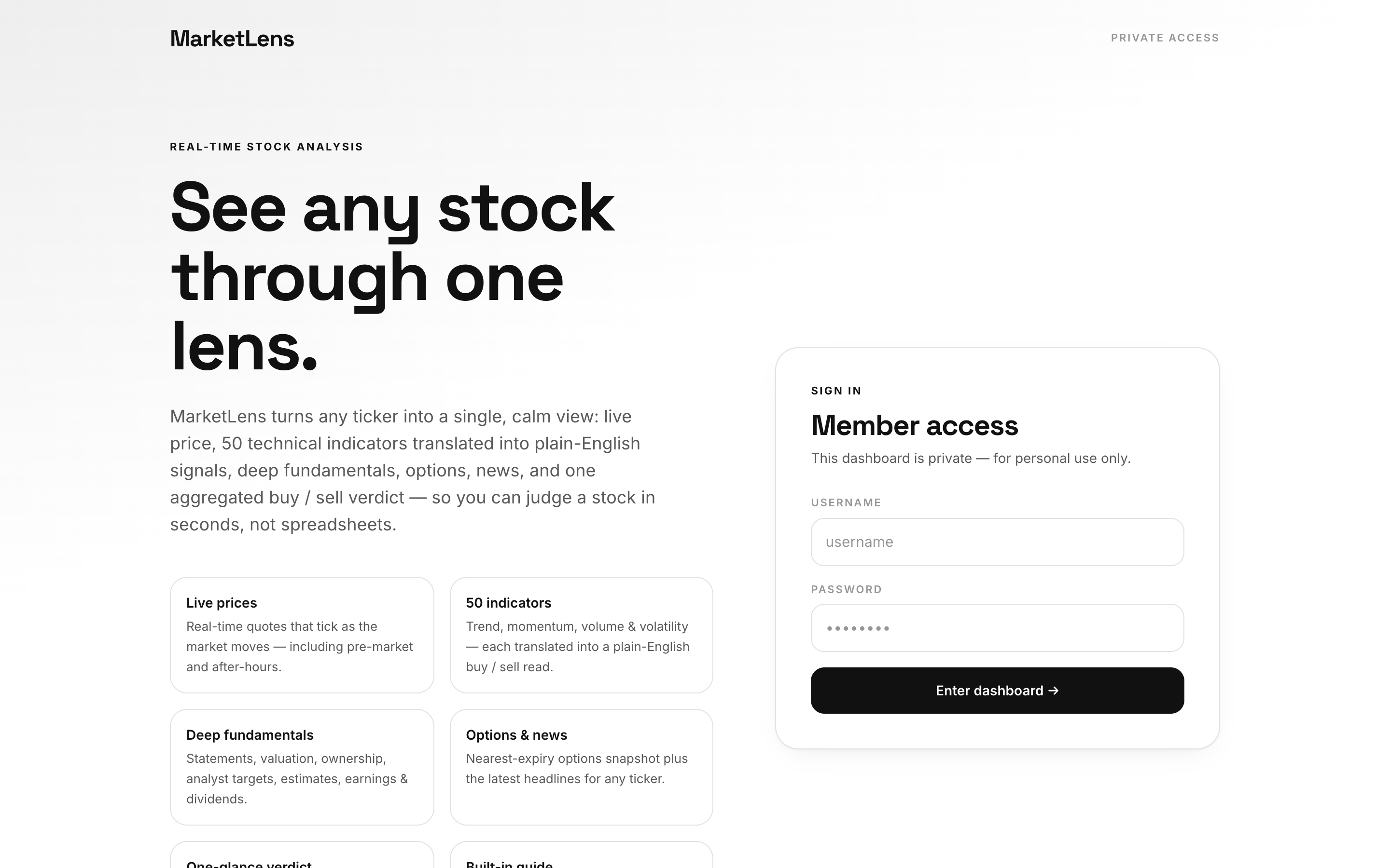MarketLens private login screen