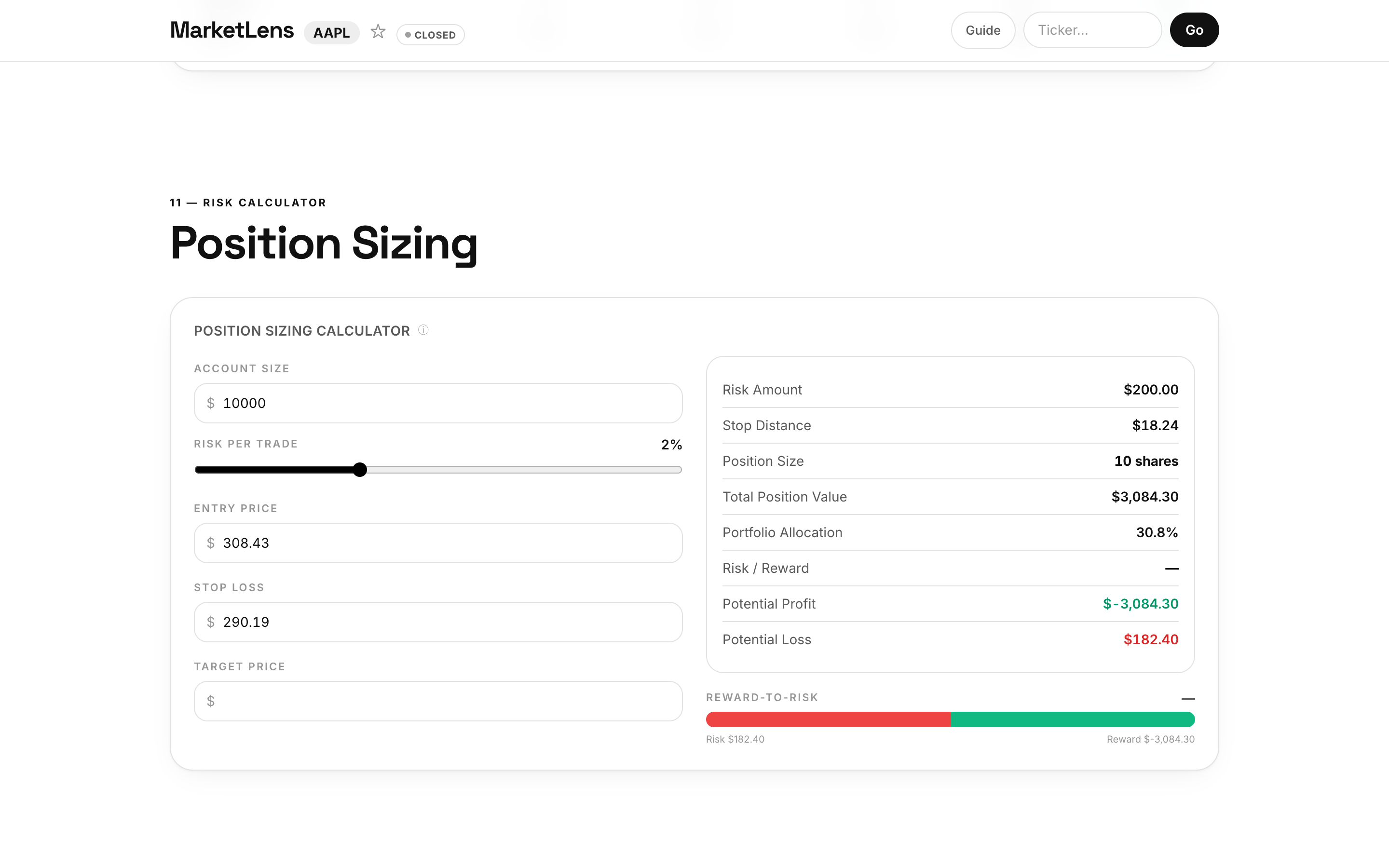 MarketLens dashboard for Apple (AAPL) — Position Sizing