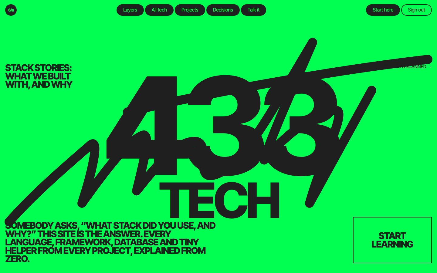 Stack Stories home page counting 433 technologies