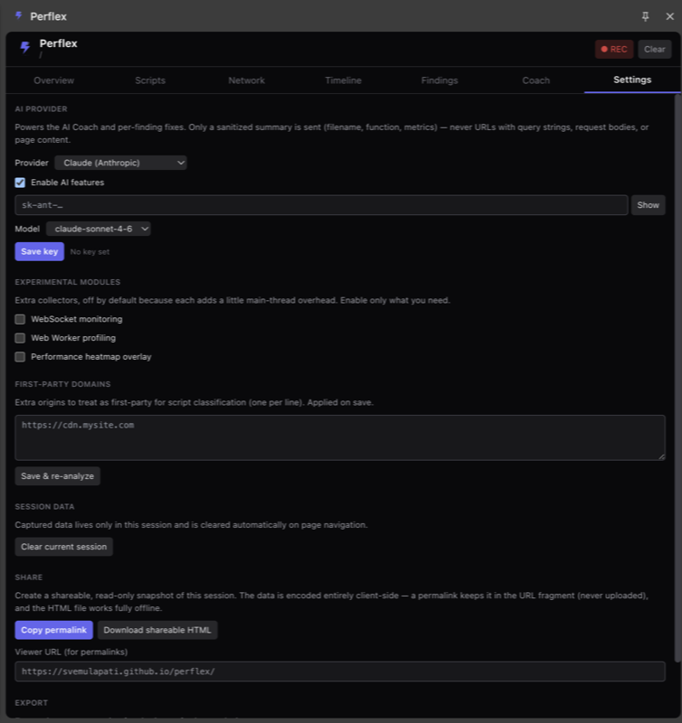 Perflex Settings tab showing AI provider selection with Claude and a model dropdown, experimental collector modules, first-party domain configuration, session data controls, and a Share section with Copy permalink and Download shareable HTML buttons